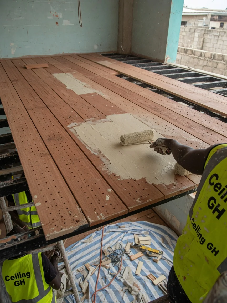 Acoustic wood ceiling installation in Accra — spaced slat wood ceiling restaurant grazing light detail ceilinggh, Accra Ghana