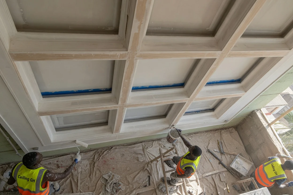 Coffered and tray ceiling installation in Accra — stepped tray ceiling cove led finish closeup ceilinggh, Accra Ghana