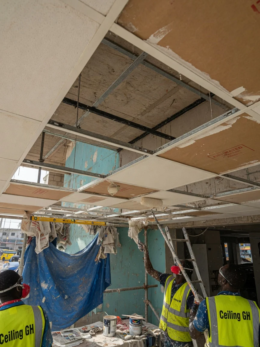 Fire-rated suspended ceiling installation in Accra — type x gypsum board fire rated ceiling detail ceilinggh, Accra Ghana