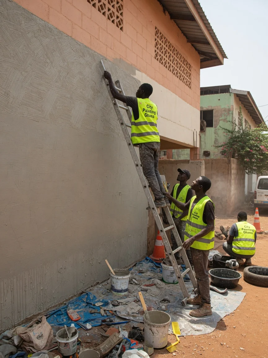 Graffiato in East Legon — graffiato worker on ladder east legon citypaintingghana