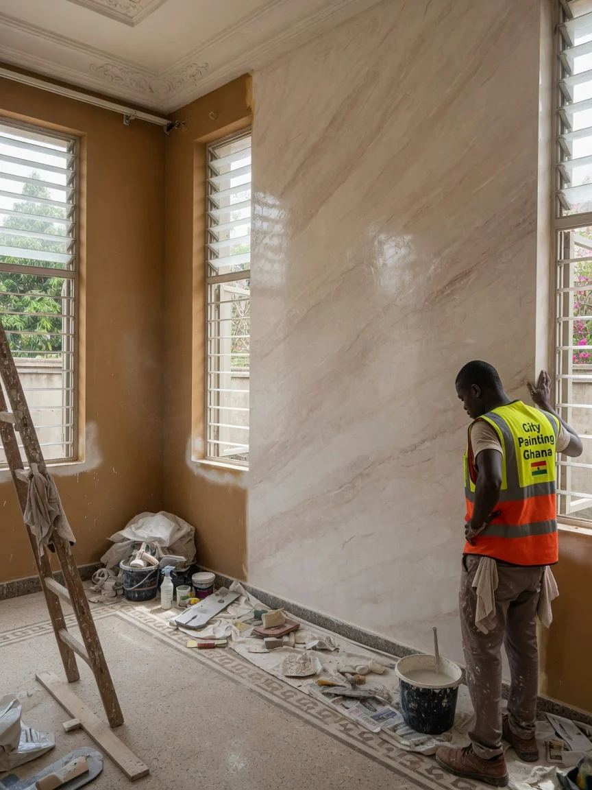 Interior office finishes in Accra — marble stucco cantonments feature wall, Accra Ghana