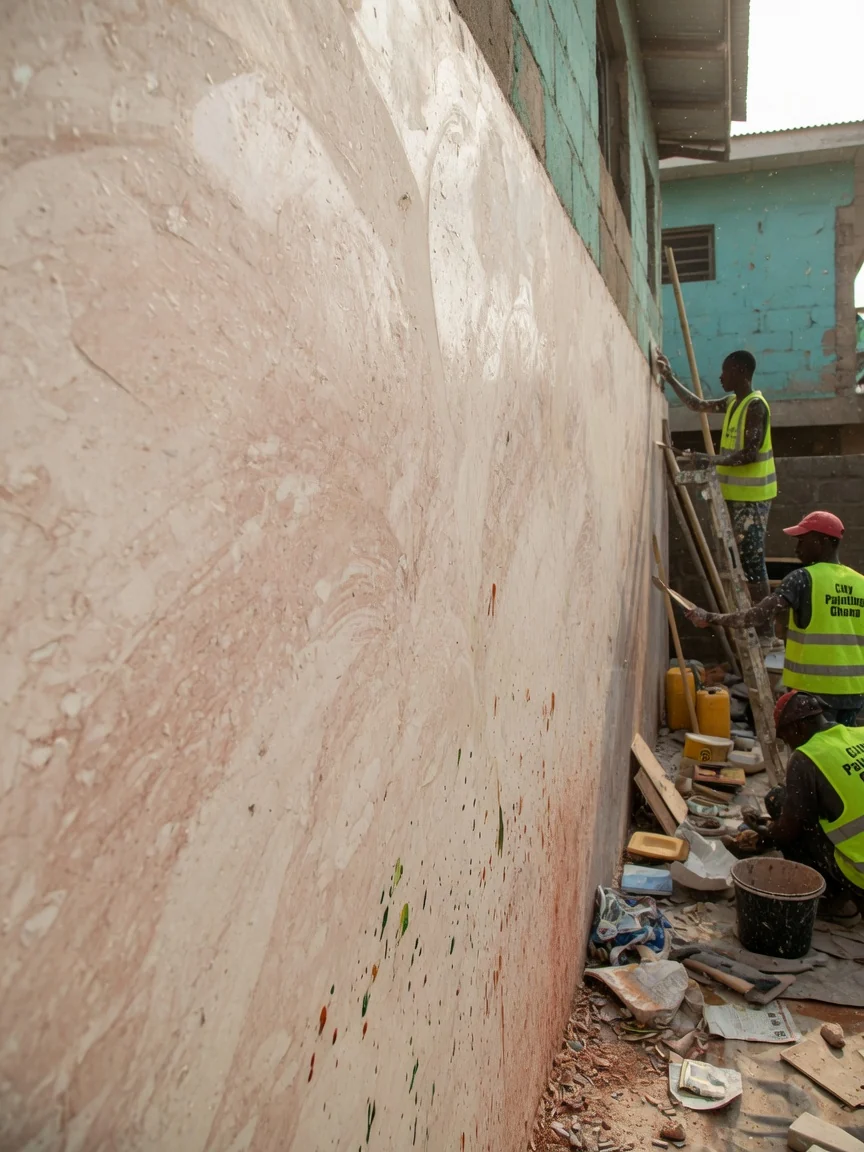 Phased occupied-site refurbishment in Accra — stucco polished finish closeup, Accra Ghana