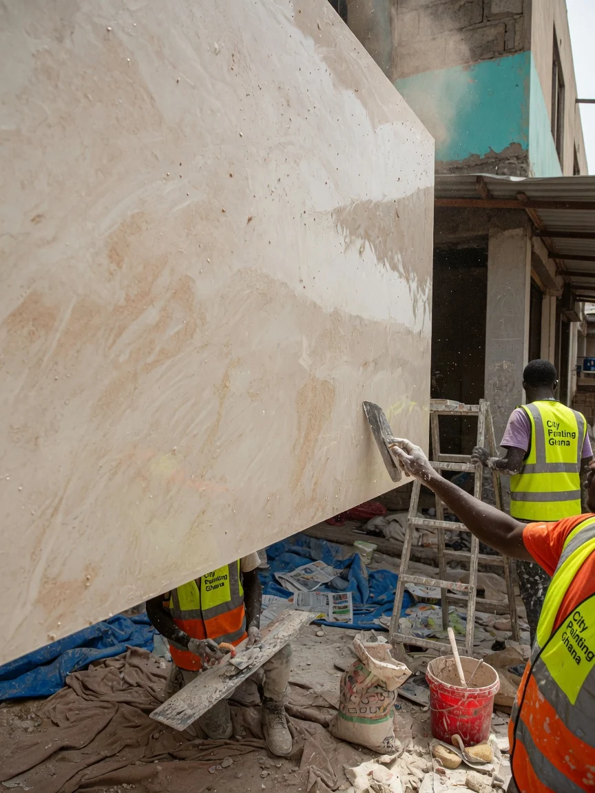 Brand-standard hospitality rollout in Accra — stucco sheen detail, Accra Ghana