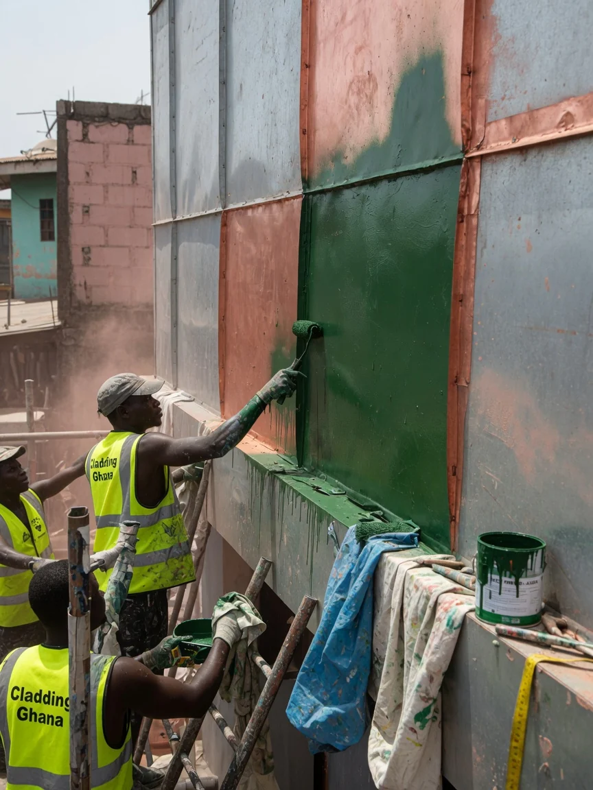 Architectural zinc standing-seam façade detail, Accra