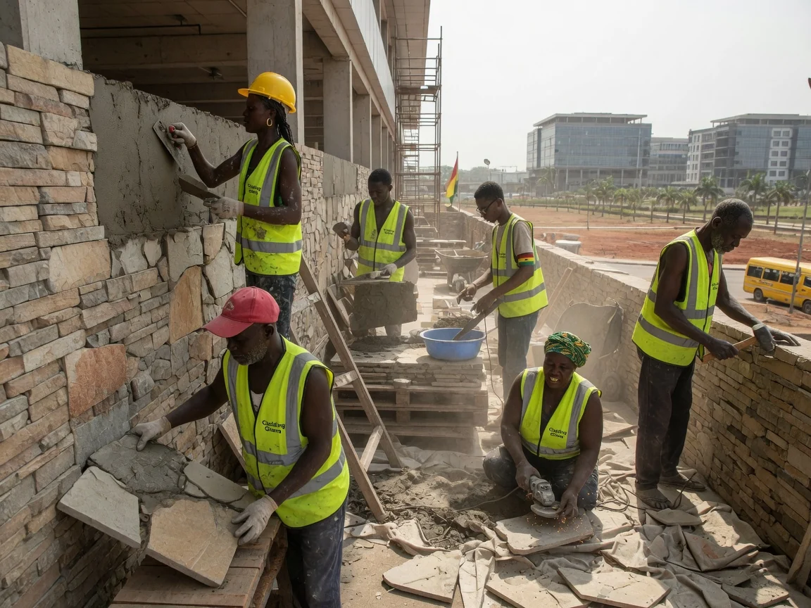 Natural stone veneer cladding in Ghana — granite veneer entrance facade airport city accra claddingghana, Accra Ghana