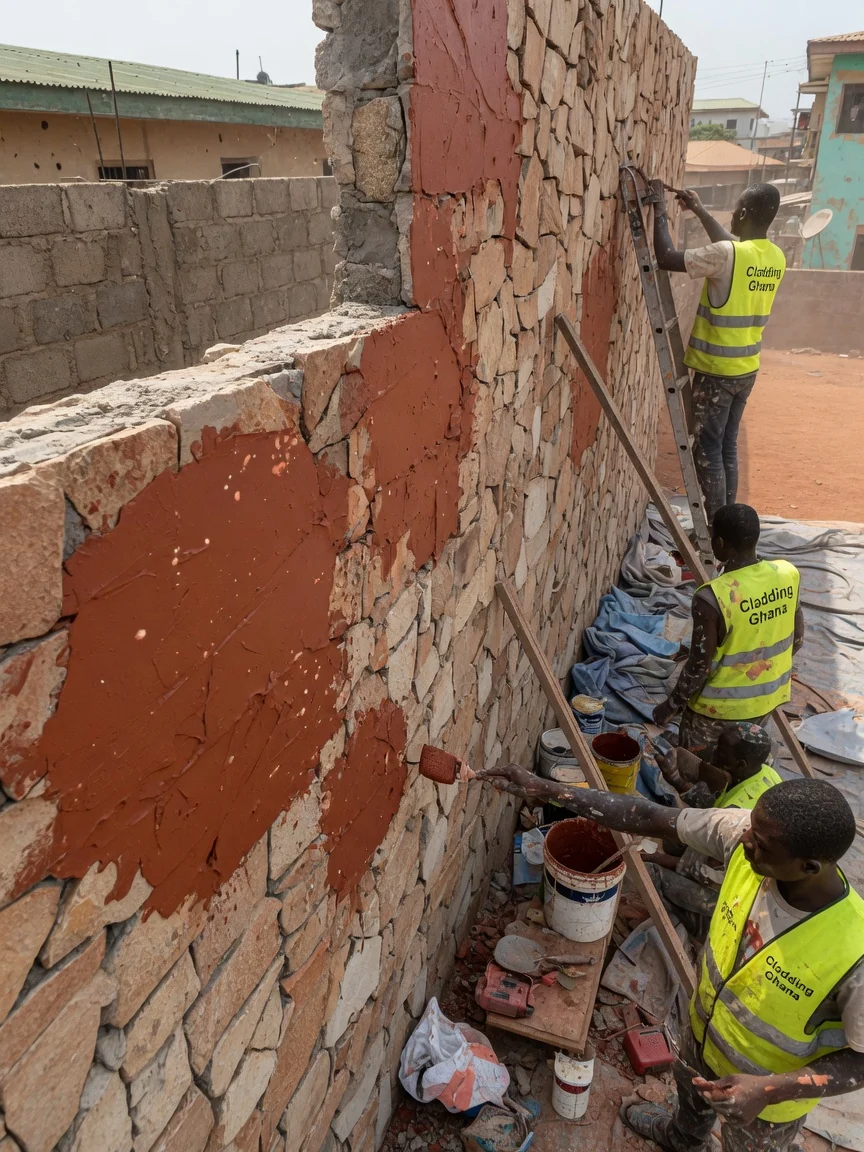 Natural stone veneer cladding in Ghana — sandstone veneer feature plinth detail ridge accra claddingghana, Accra Ghana