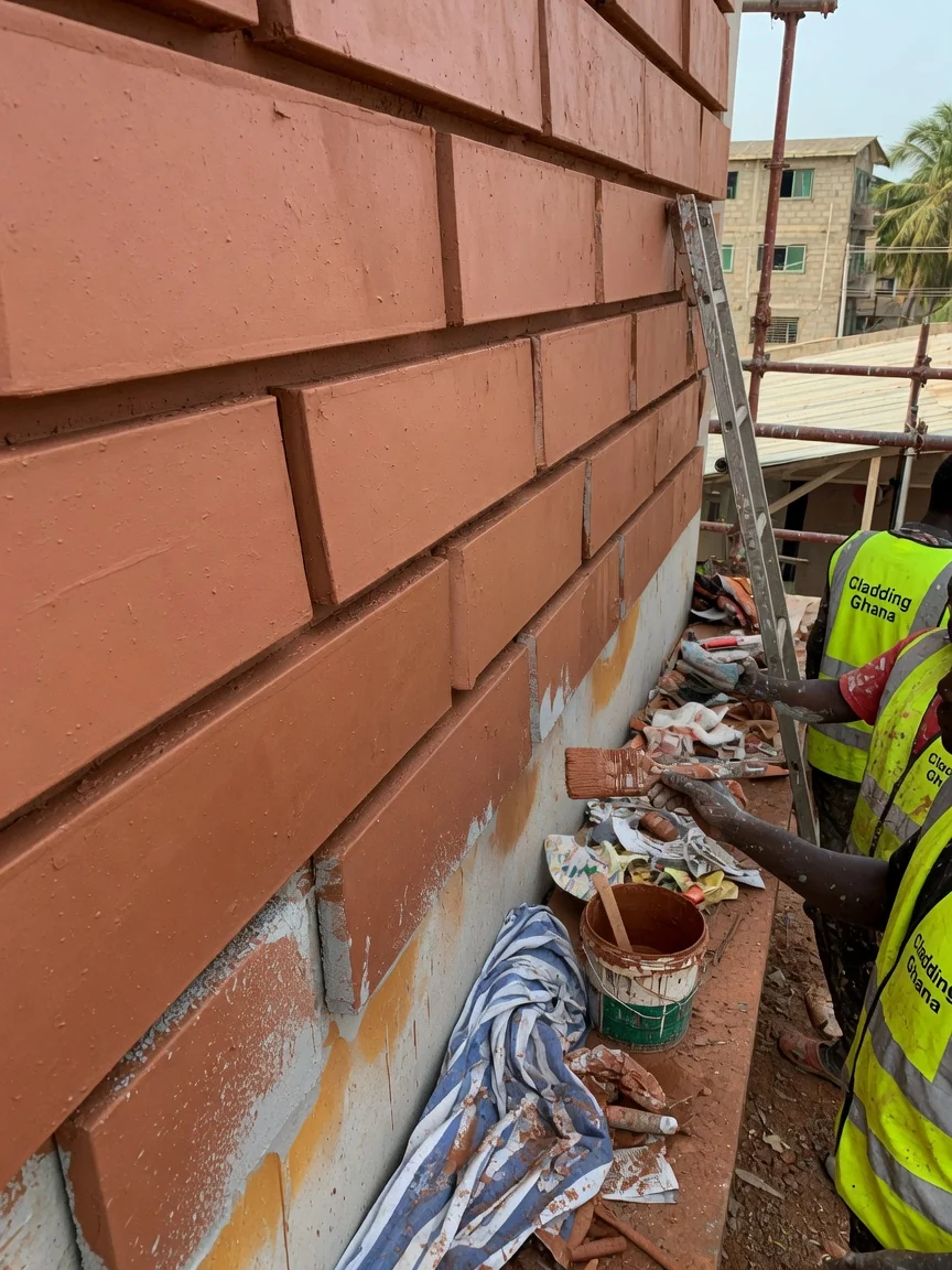 Terracotta rain-screen cladding in Ghana — terracotta tile facade ventilated cavity detail claddingghana, Accra Ghana