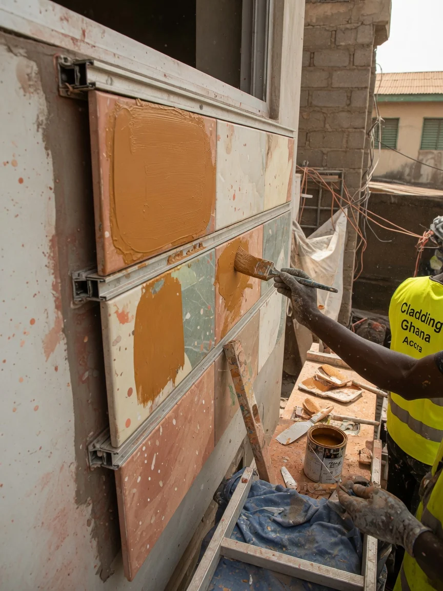 Ceramic and porcelain ventilated façades in Ghana — ventilated cavity back drainage sub frame section detail claddingghana, Accra Ghana