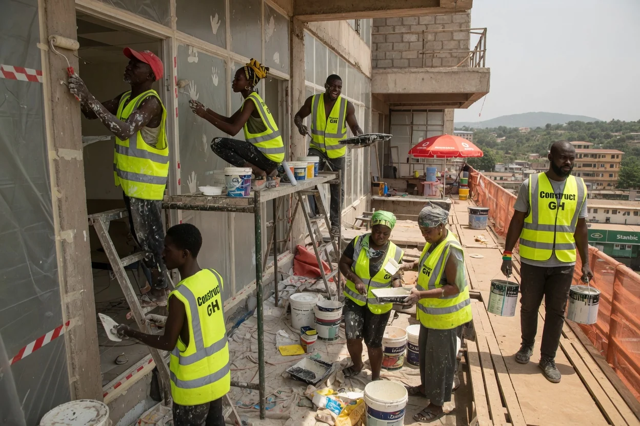 Commercial office tower construction project in Accra — commercial office tower construction site crane ridge accra constructgh, Accra Ghana
