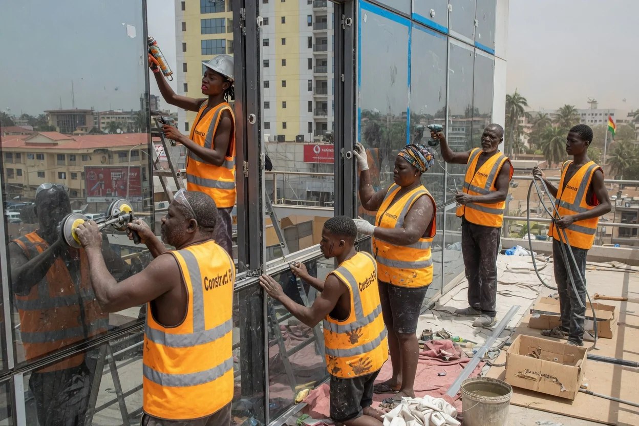 Glass curtain wall installation on a commercial tower in Accra — completed glass facade bank tower cantonments accra constructgh, Accra Ghana