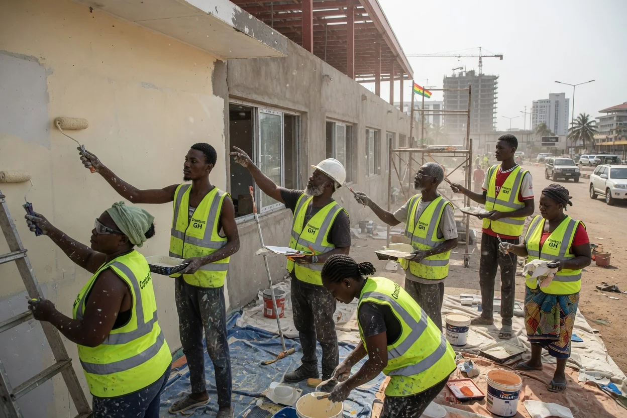 Construction project management on a commercial site in Accra — construction programme progress review commercial building airport city constructgh, Accra Ghana