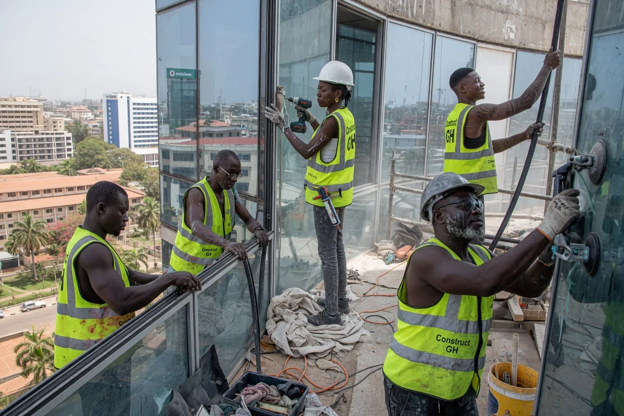 Glass curtain wall installation on a commercial tower in Accra — glass curtain wall unitised panel installation commercial tower ridge accra constructgh, Accra Ghana
