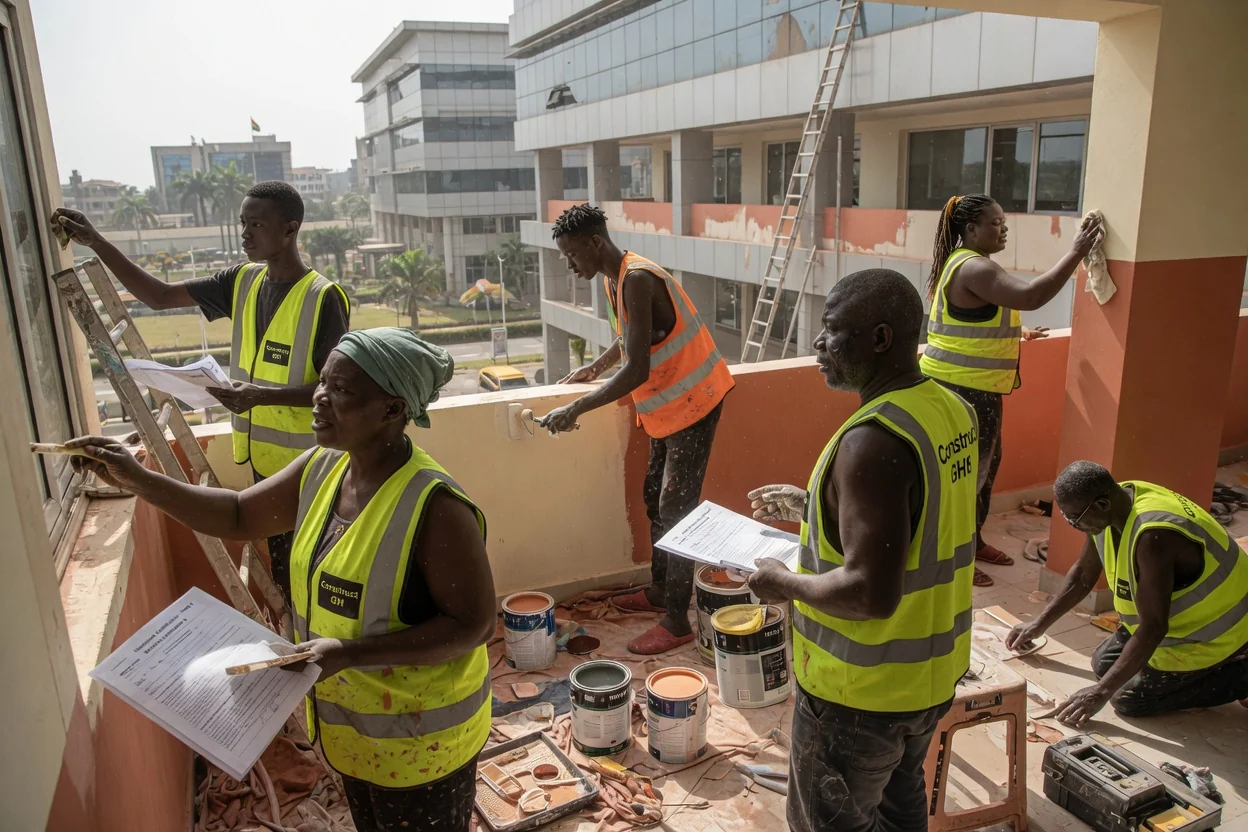 Commercial building handover with written warranty documentation in Accra — site quality inspection defects liability walkthrough airport city constructgh, Accra Ghana