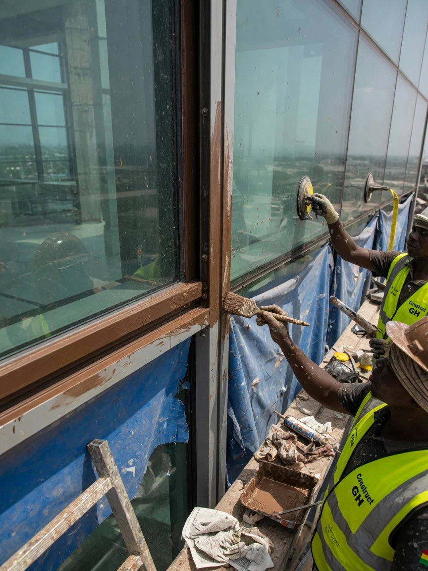 Glass curtain wall installation on a commercial tower in Accra — structural glazing aluminium framing detail corporate building airport city constructgh, Accra Ghana