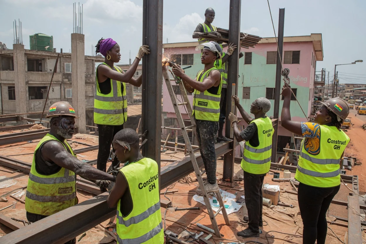 Structural steel erection in Accra — structural steel frame aligned handover industrial building accra constructgh, Accra Ghana