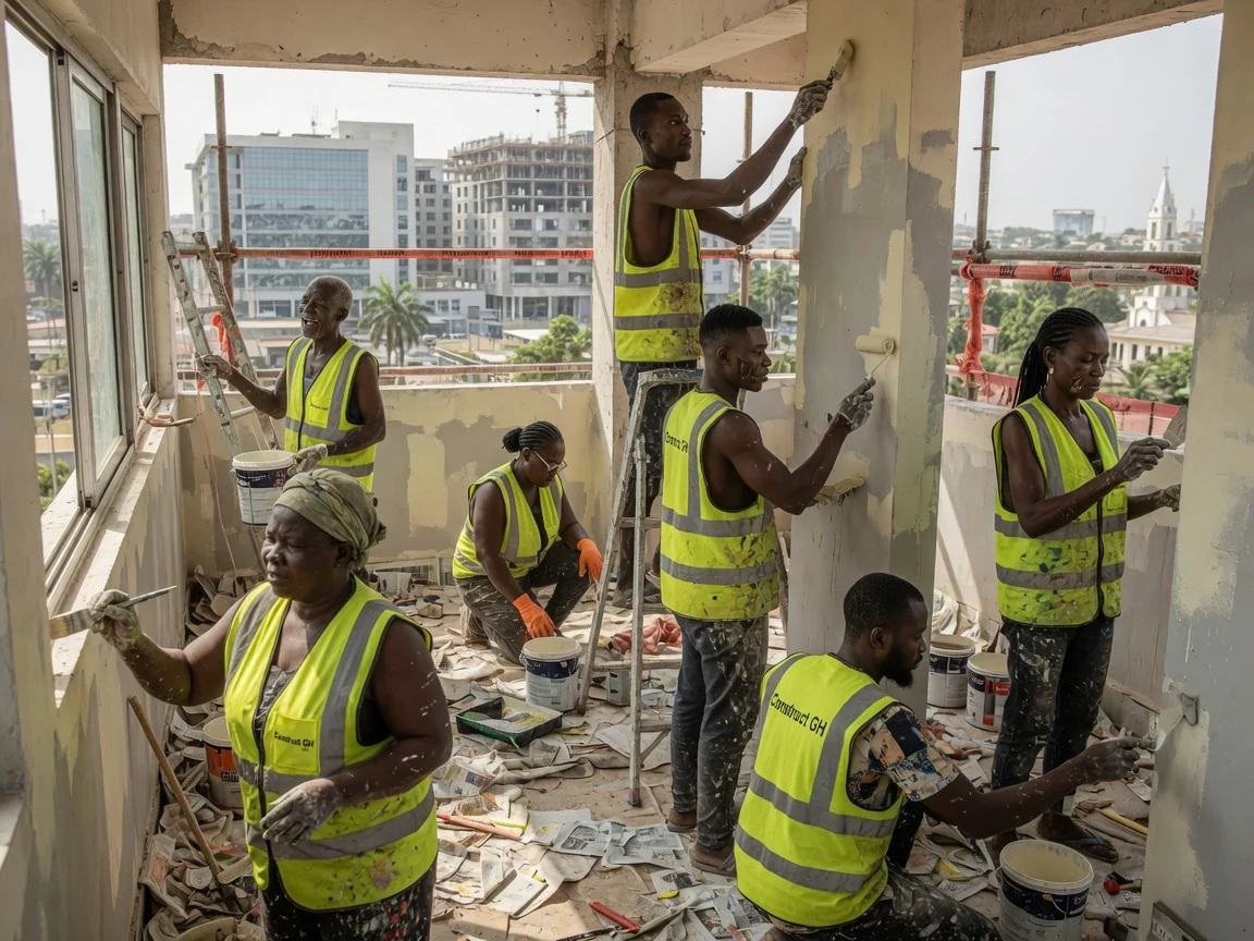 Commercial construction project in Accra — structural steel frame erection commercial building airport city constructgh, Accra Ghana