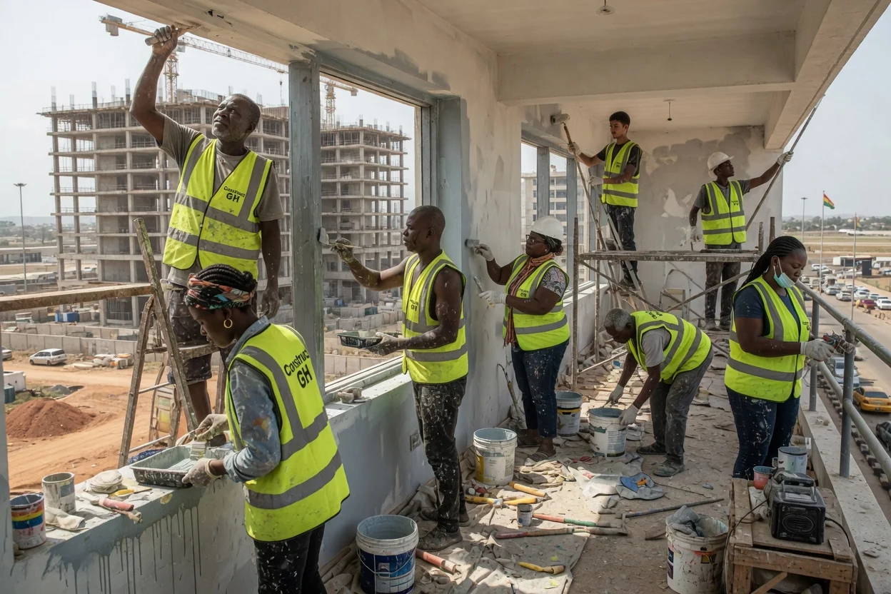 Commercial office tower construction project in Accra — structural steel frame erection office tower airport city accra constructgh, Accra Ghana