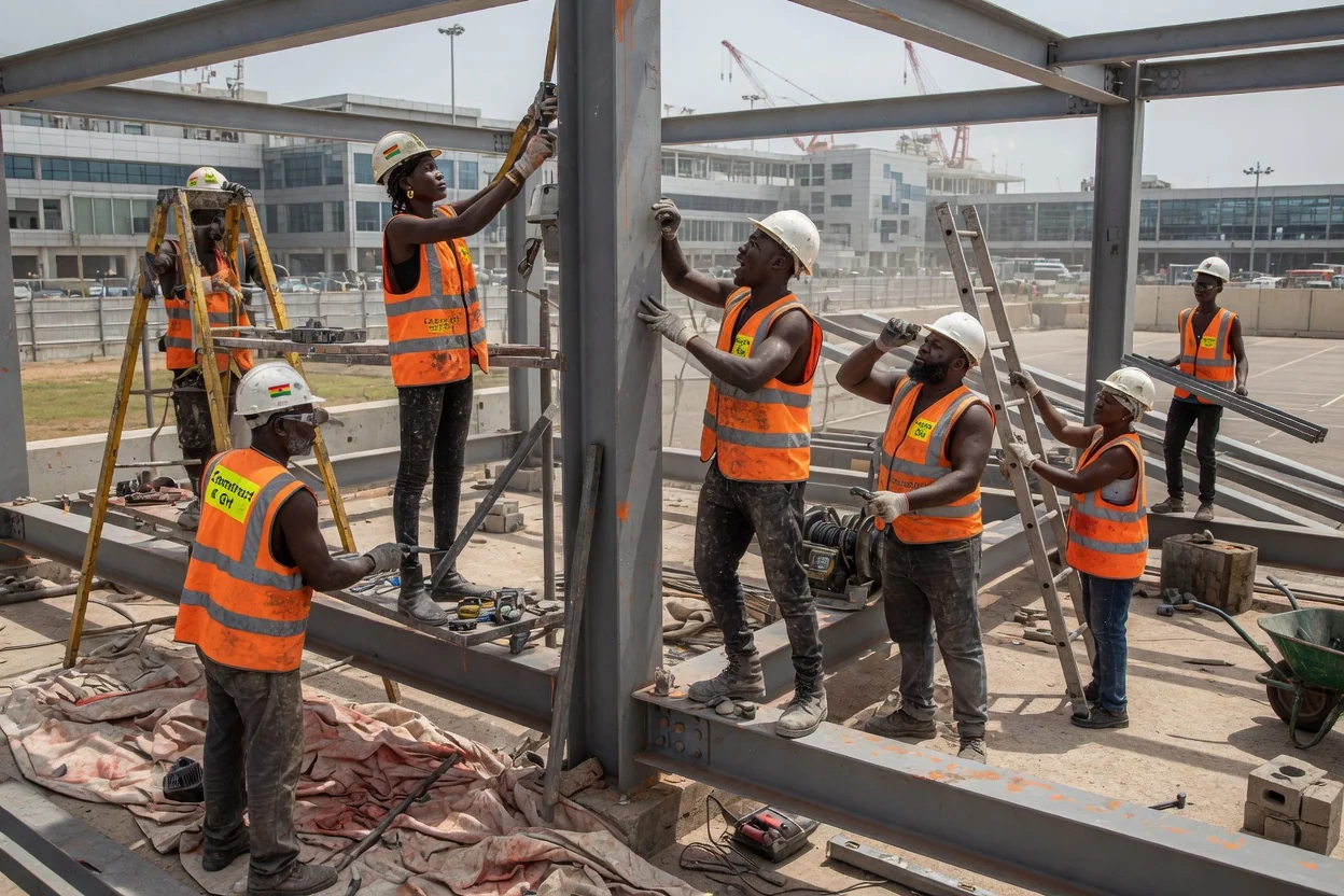 Structural steel erection in Accra — structural steel frame erection tower crane airport city accra constructgh, Accra Ghana