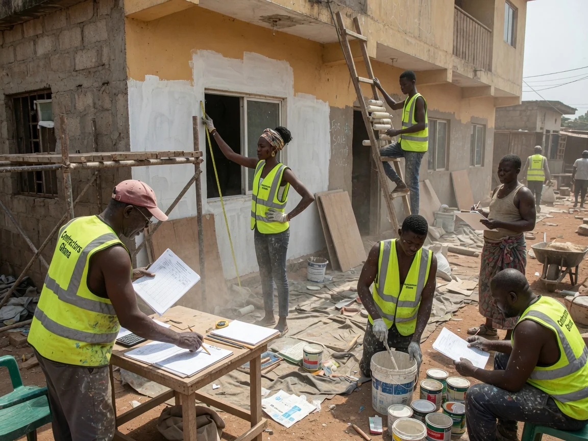 Quantity surveyor preparing a Bill of Quantities and procuring materials in Accra — value engineering cost estimate review meeting client accra contractorsghana, Accra Ghana