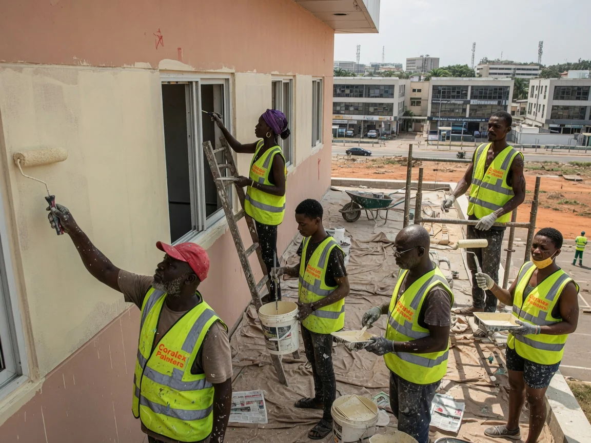 Commercial exterior weatherproof painting in Accra — commercial crew office frontage airport city coralex, Accra Ghana