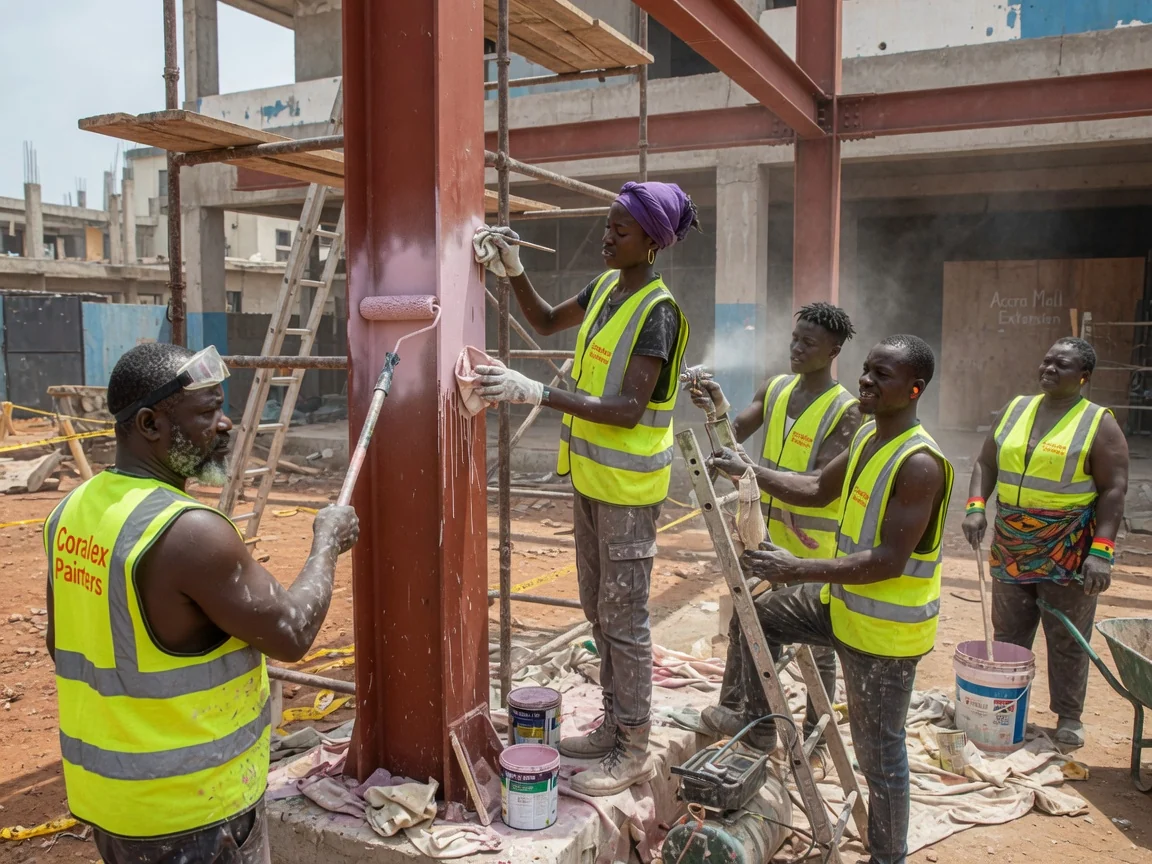 Thin-film intumescent coating on structural steel in Accra — intumescent steel beam application accra coralex, Accra Ghana