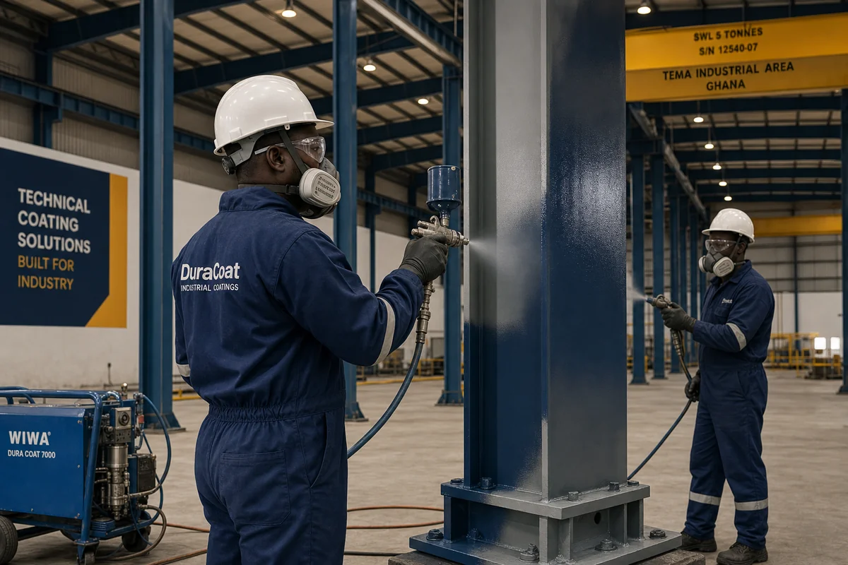 ISO 12944 industrial coating system on steel in Accra — service industrial coatings warehouse tema coralexpainters, Accra Ghana