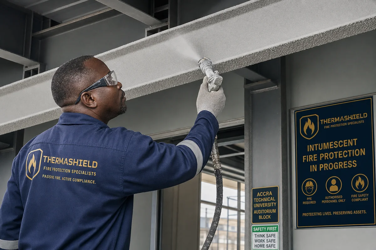 Thin-film intumescent coating on structural steel in Accra — service intumescent fire protection institutional accra coralexpainters, Accra Ghana