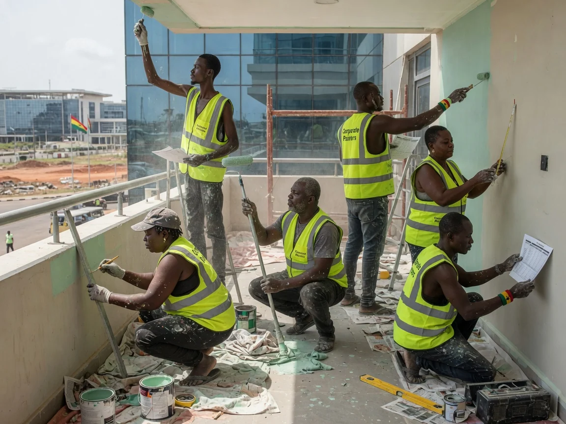 Specification coordination and QC in Accra — corporate painting crew office tower airport city corporatepainters, Accra Ghana