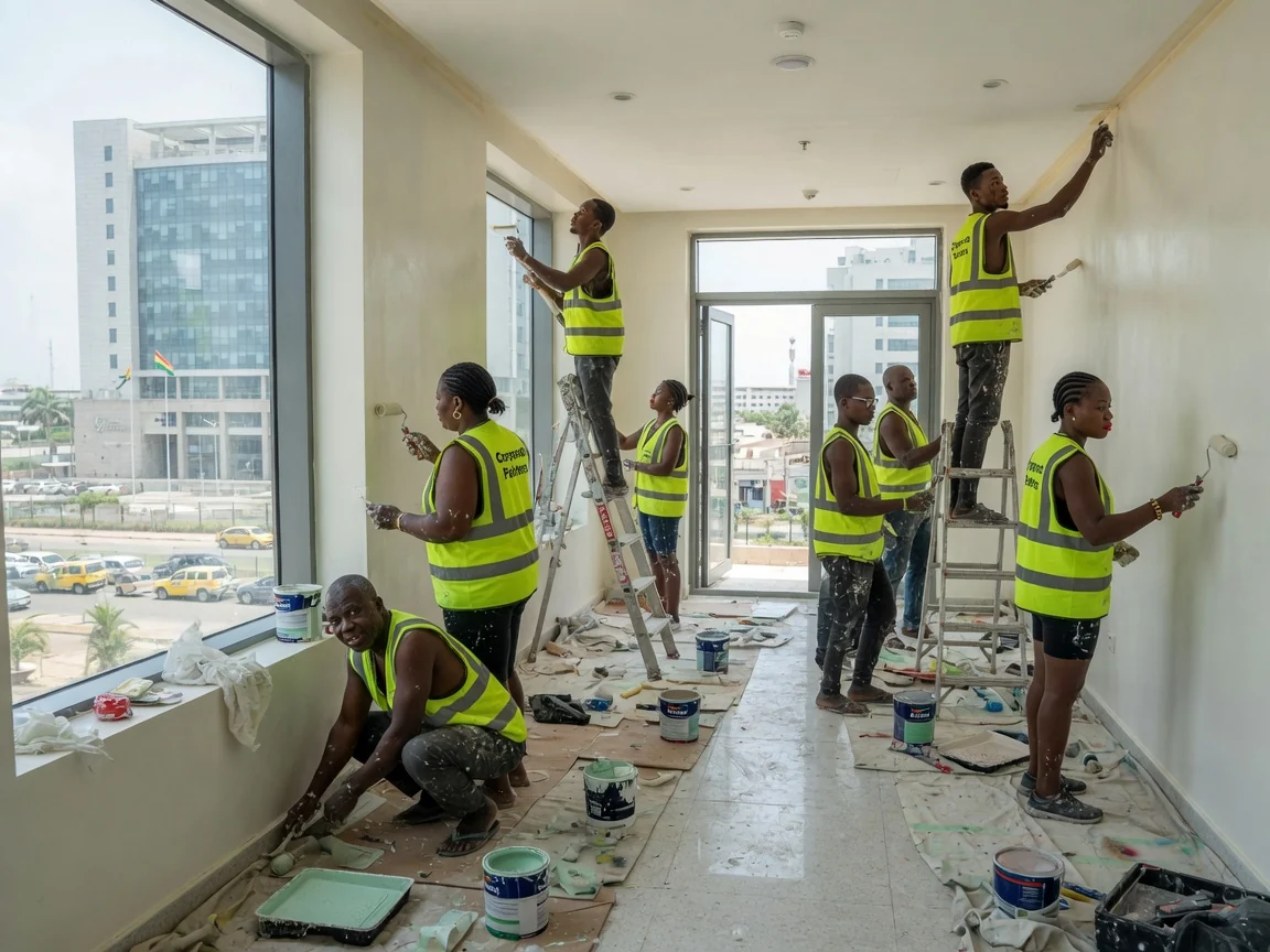 Multinational HQ tower frontage and brand-grade interiors in Airport City, Accra — executive floor brand grade repaint ridge accra corporatepainters, Accra Ghana