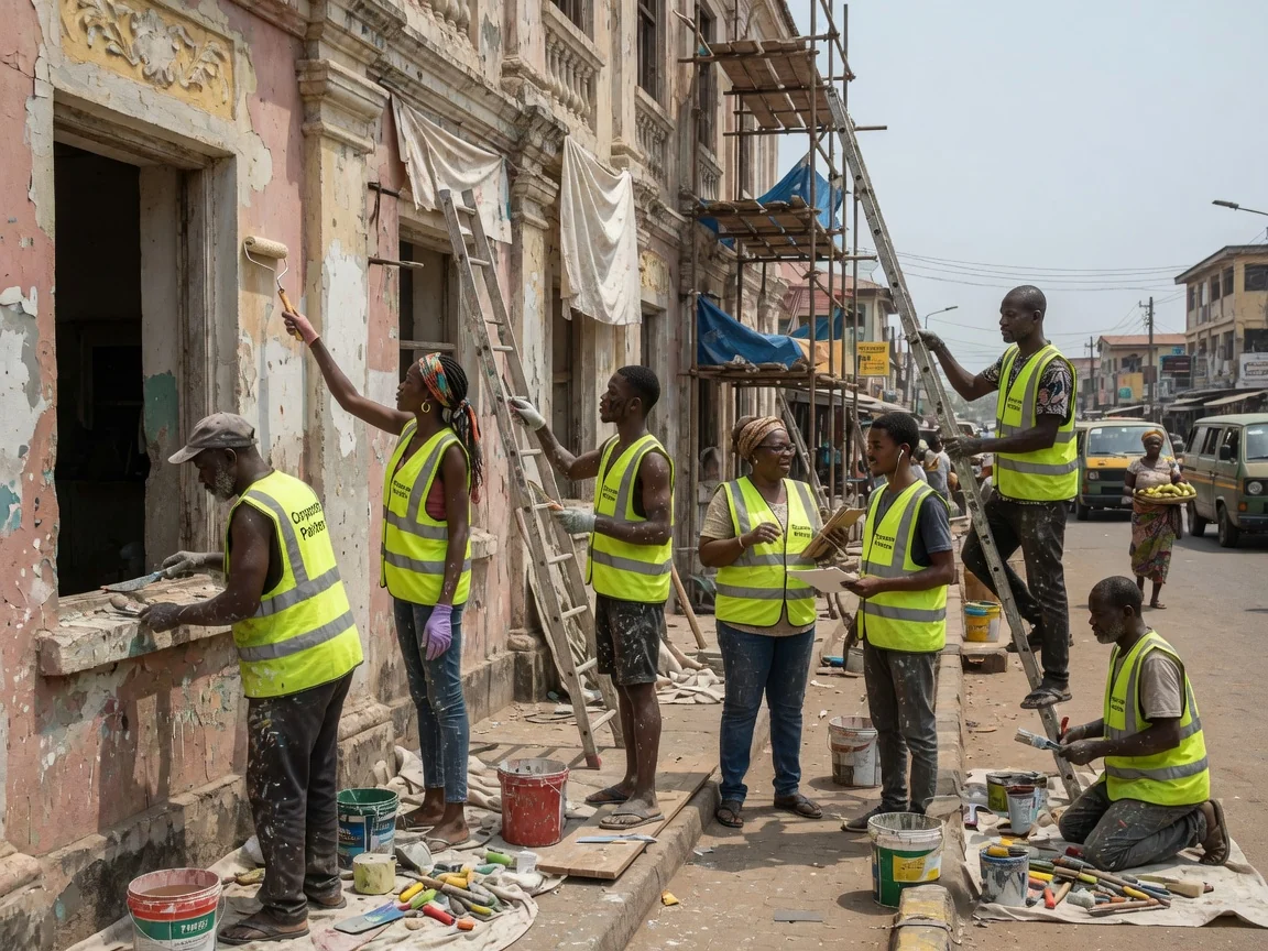 Heritage corporate façade restoration in Accra — lime render restoration historic corporate building lome corporatepainters, Accra Ghana