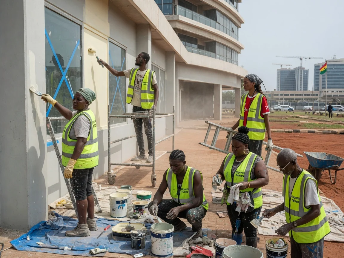 Multinational HQ tower frontage and brand-grade interiors in Airport City, Accra — multinational hq tower frontage airport city corporatepainters, Accra Ghana