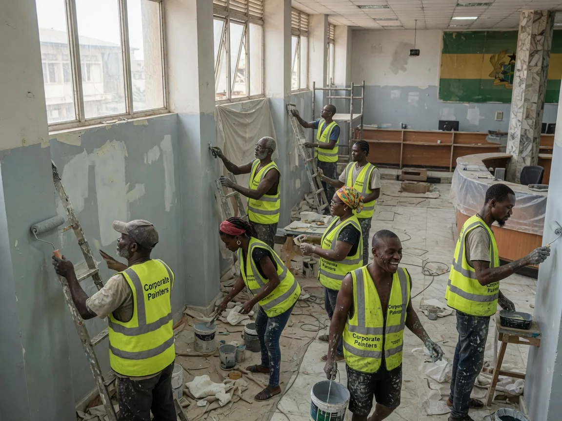 Bank trading-floor and banking-hall finishing in Accra — occupied banking hall out of hours painting ridge accra corporatepainters, Accra Ghana
