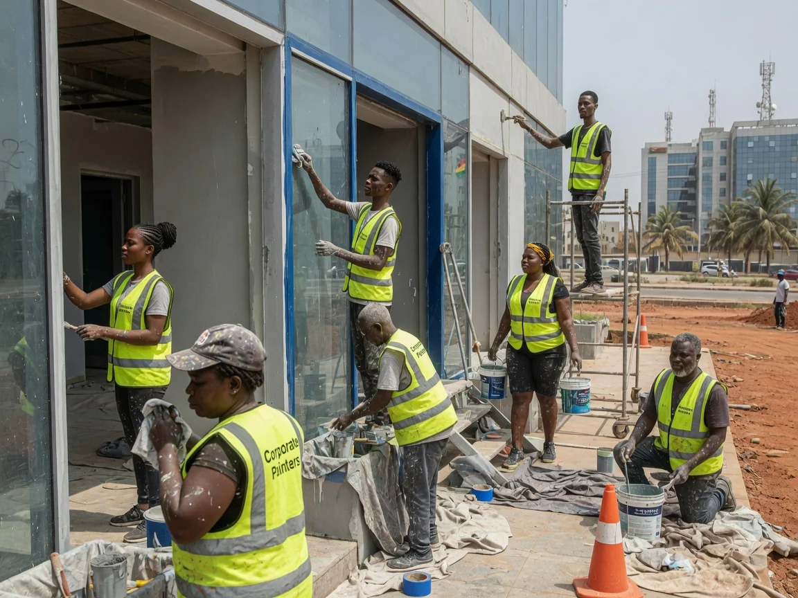 Multinational HQ tower frontage and brand-grade interiors in Airport City, Accra — occupied office reception hall finish airport city corporatepainters, Accra Ghana