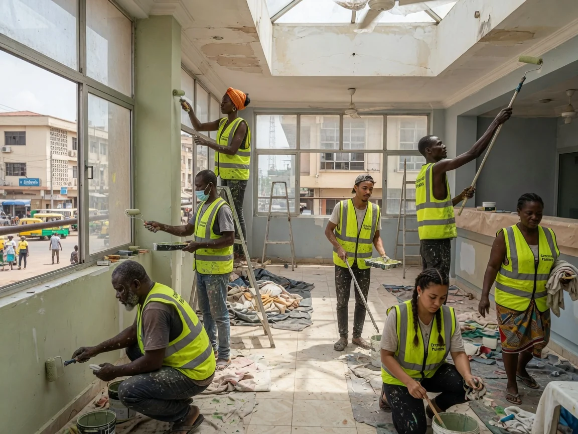 Bank trading-floor and banking-hall finishing in Accra — washable low odour finish teller line corporatepainters, Accra Ghana