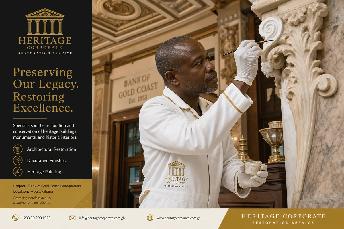 Heritage corporate façade restoration in Accra — service heritage corporate restoration bank headquarters accra corporatepainters, Accra Ghana