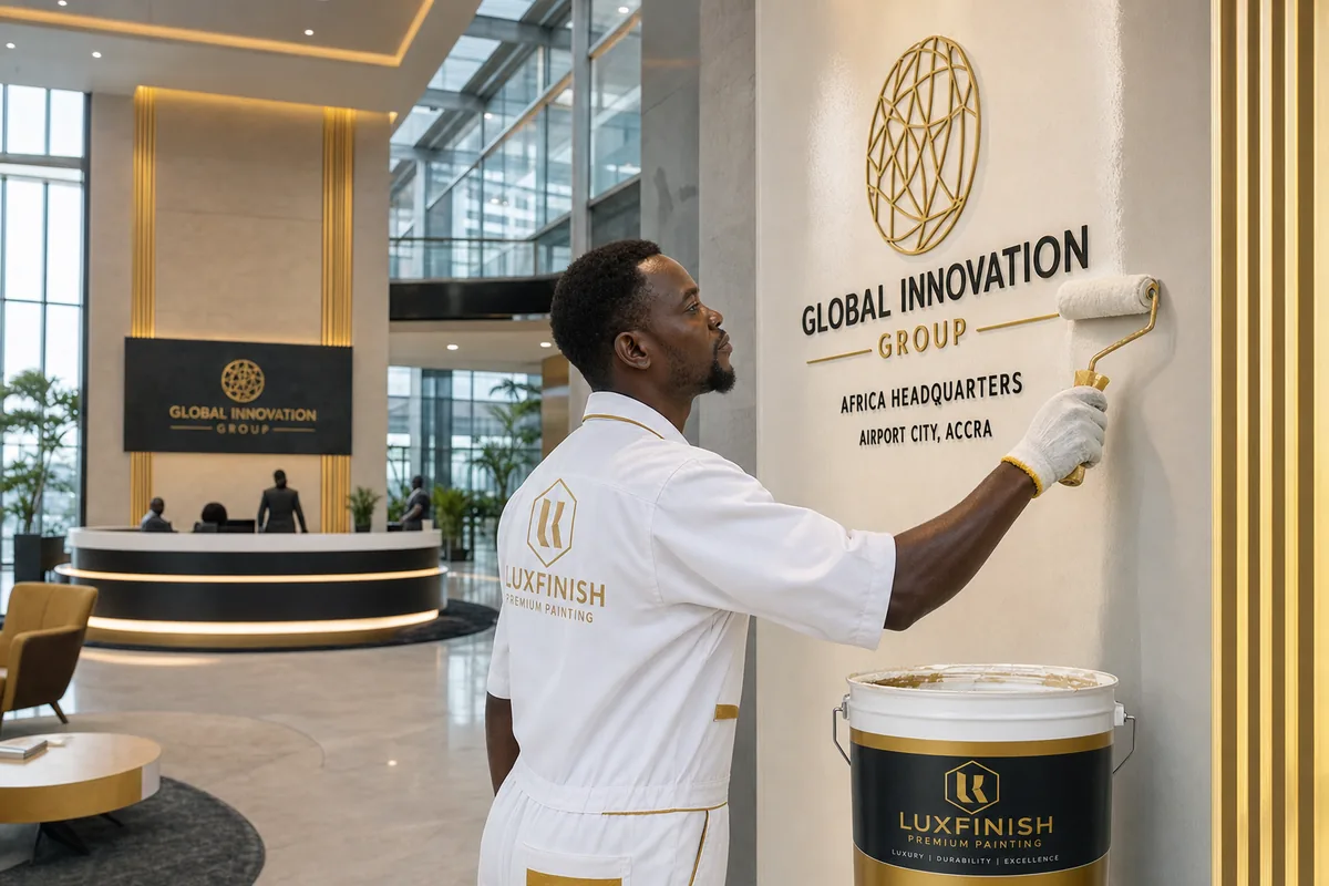 Multinational HQ tower frontage and brand-grade interiors in Airport City, Accra — service multinational hq painting airport city accra corporatepainters, Accra Ghana