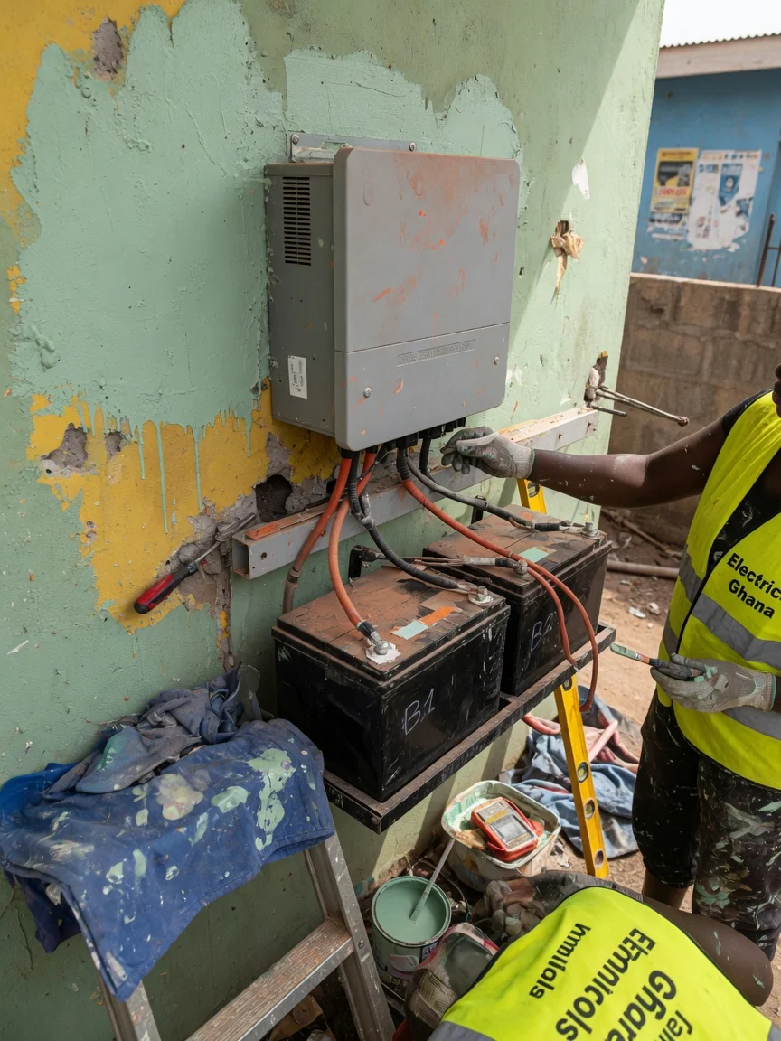 Inverter and battery backup installation for dumsor in Accra — lithium battery bank pure sine inverter wall mount detail accra electricalsghana, Accra Ghana