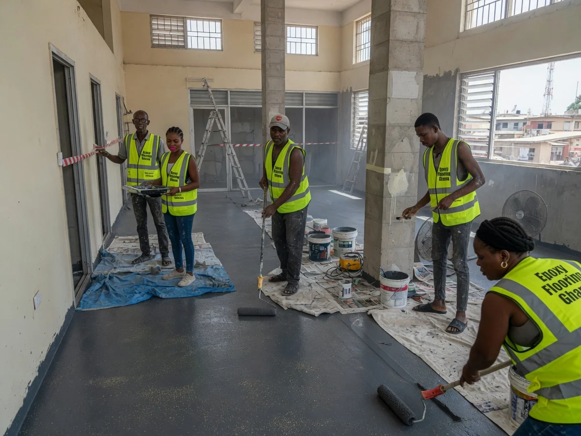 Anti-slip epoxy coatings in Accra, Ghana — anti slip aggregate broadcast r12 kitchen floor accra epoxyflooringghana, Accra Ghana