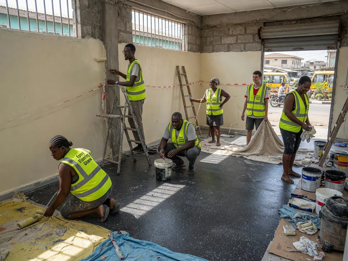 Static dissipative ESD flooring in Accra, Ghana — copper earthing grid esd floor installation spintex epoxyflooringghana, Accra Ghana