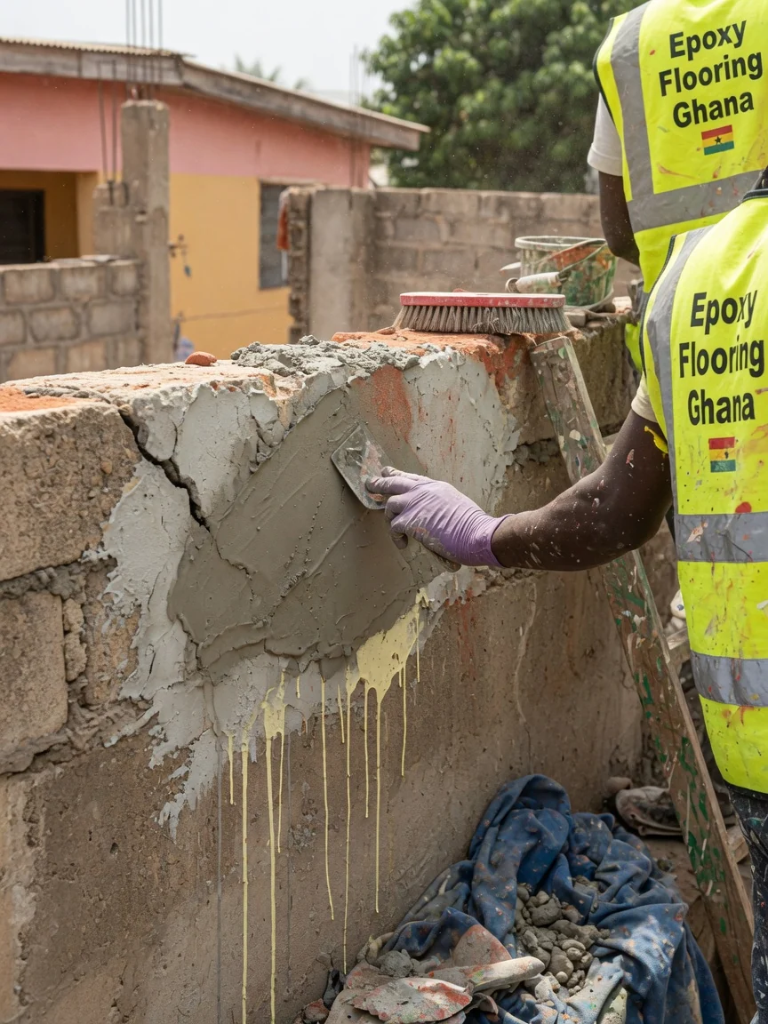 Concrete repair & substrate preparation in Accra, Ghana — crack spall repair mortar concrete floor closeup accra epoxyflooringghana, Accra Ghana