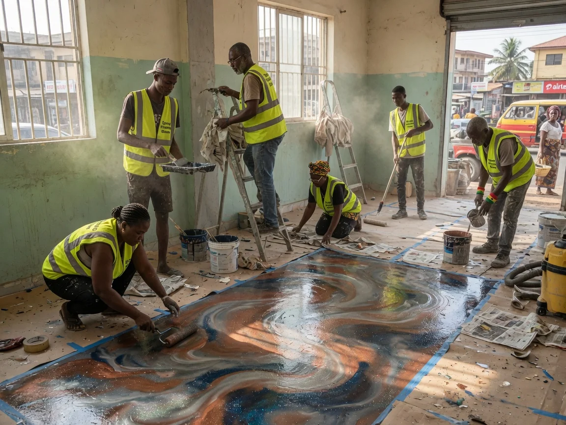 Decorative metallic epoxy flooring in Accra, Ghana — pearlescent metallic epoxy pour pigment work showroom accra epoxyflooringghana, Accra Ghana