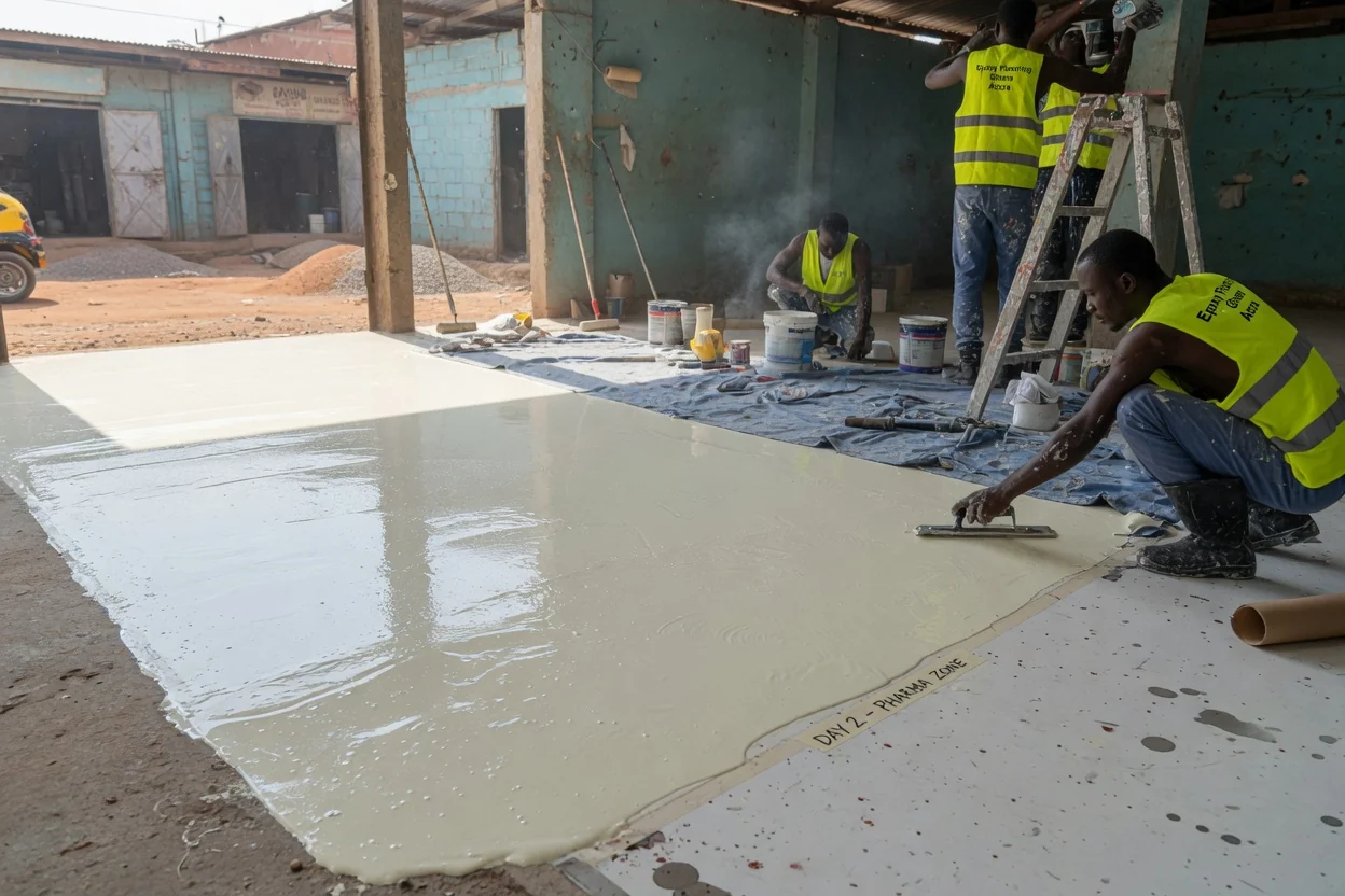 Hygienic food & pharma epoxy flooring in Accra, Ghana — pharmaceutical clean room epoxy floor finish closeup accra epoxyflooringghana, Accra Ghana