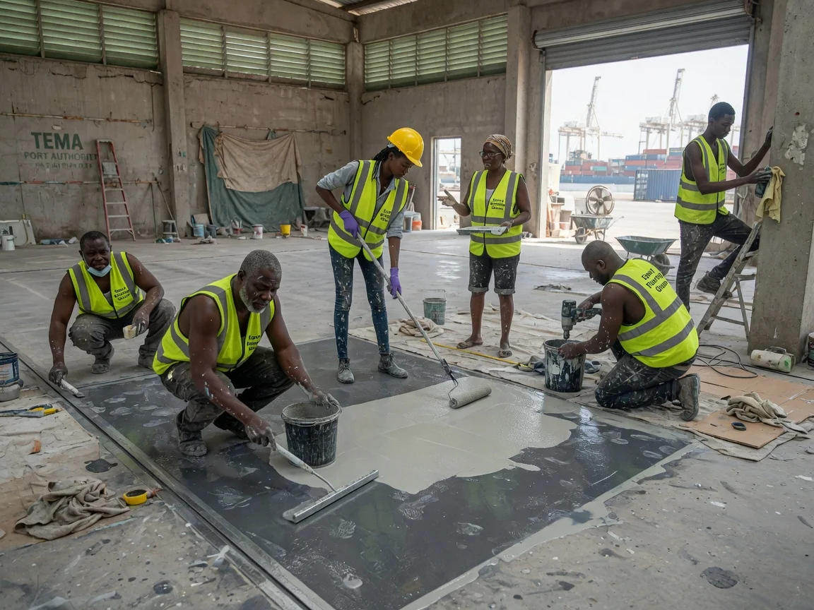 Polyurethane topcoat systems over epoxy in Tema, Ghana — polyaspartic fast cure topcoat application roller accra epoxyflooringghana, Accra Ghana