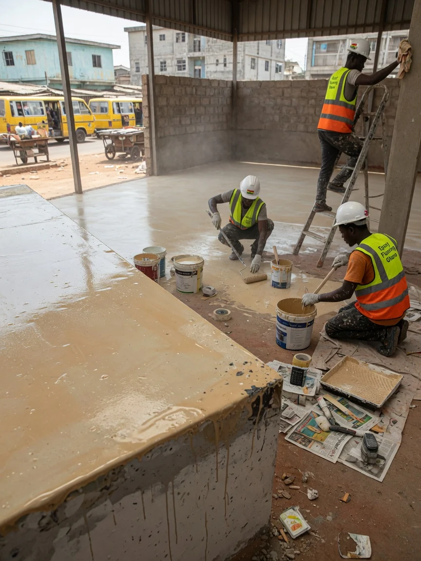 Polyurethane topcoat systems over epoxy in Tema, Ghana — polyurethane topcoat gloss finish closeup car park deck epoxyflooringghana, Accra Ghana