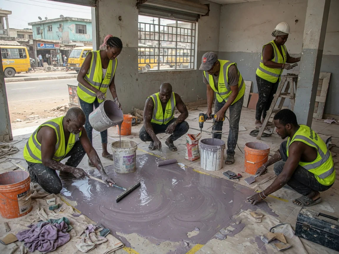 Self-levelling epoxy systems in Accra, Ghana — seamless self levelling epoxy production floor accra epoxyflooringghana, Accra Ghana