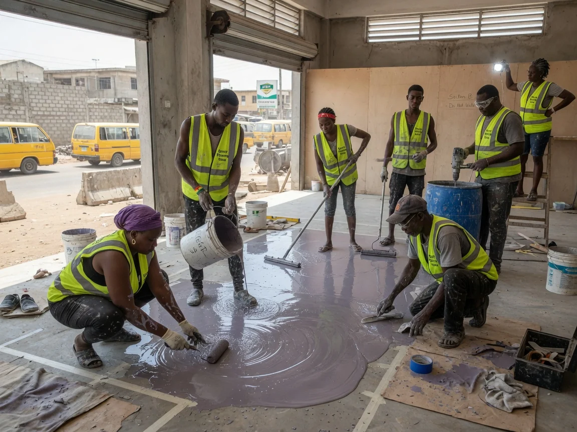 Self-levelling epoxy systems in Accra, Ghana — spiked roller self levelling epoxy pour showroom kumasi epoxyflooringghana, Accra Ghana