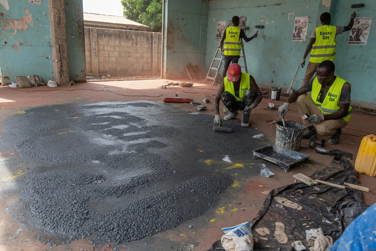 Sol époxy antidérapant dans le sud du Ghana — anti slip aggregate broadcast application closeup epoxygh, Accra Ghana