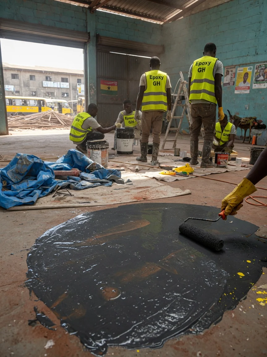 Industrial epoxy coating in Accra, Ghana — broadcast quartz epoxy forklift aisle closeup epoxygh, Accra Ghana