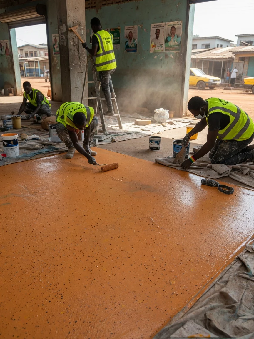 ESD static-control epoxy floor in Accra, Ghana — esd copper earthing grid installation closeup epoxygh, Accra Ghana