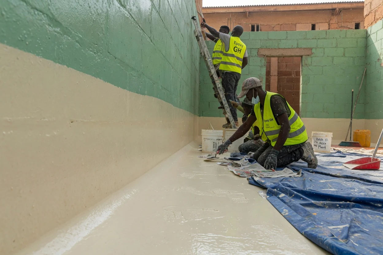 Hygienic coved epoxy floor for food and pharma in Accra, Ghana — hygienic epoxy drainage channel fall closeup epoxygh, Accra Ghana
